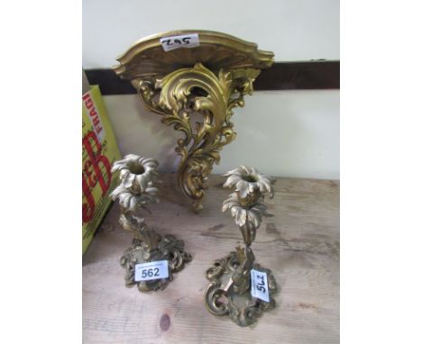  Sale Item:    PAIR BRASS ORMALU CANDLESTICKS & GILT WOOD BRACKET  Vat Status:   No Vat   Buyers Premium:  This lot is subjec