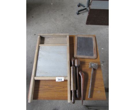  Sale Item:    WASHING BOARD ROLLING PIN ETC   Vat Status:   No Vat   Buyers Premium:  This lot is subject to a Buyers Premiu