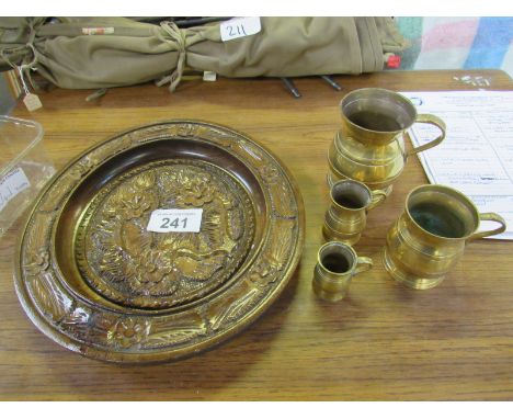  Sale Item:    CARVED CHARGER & BRASS TANKARDS   Vat Status:   No Vat   Buyers Premium:  This lot is subject to a Buyers Prem