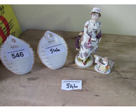  Sale Item:    2 CONTINENTAL FIGURES & PAIR FISH MENU HOLDERS (AF)  Vat Status:   No Vat   Buyers Premium:  This lot is subje