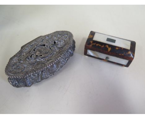 A small silver trinket box in worn condition, approx 2 troy oz and a small 19th century tortoiseshell box 7cm wide, reasonabl