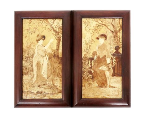 A pair of Burmantofts Faience tile plaques by Pierre Mallet, rectangular, cast in low  relief with an Edwardian lady holding 