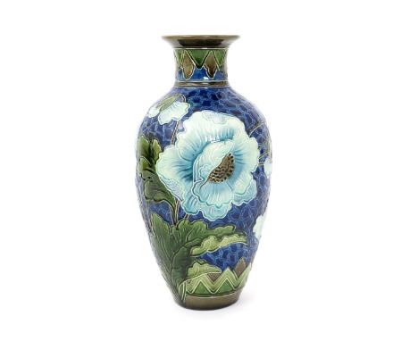 A Burmantofts Faience vase designed by Joseph Walmsley, model no.2048, shouldered form painted with blue peony flowers, paint