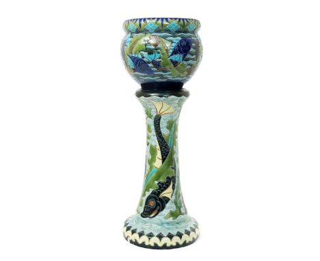A Burmantofts Faience Persian jardiniere with associated stand by W. Schiller & Sons, model no.2217, the ovoid bowl modelled 