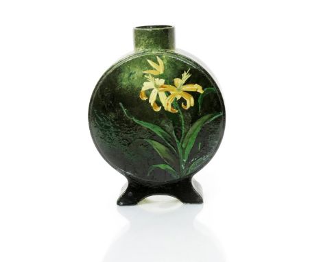 A rare Burmantofts Faience Barbotine Pilgrim flask, model no.298, flattened disc form on foot, with cylindrical collar neck, 