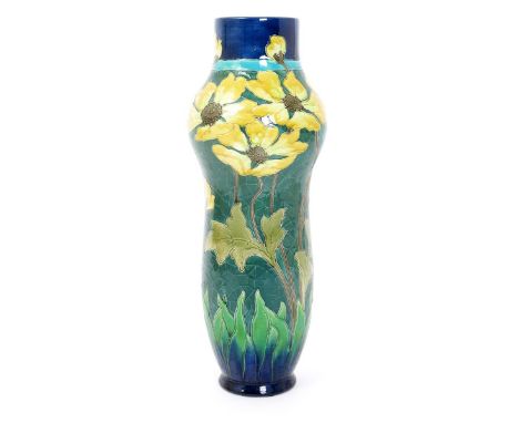 A Burmantofts Faience Partie-Colour vase designed by Joseph Walmsley, model no. 2192, slender, swollen cylindrical form, inci