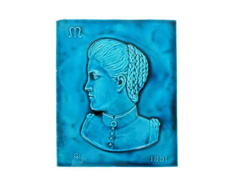 An unusual Burmantofts Faience portrait tile by WRP, dated 1891, modelled in low relief with a portrait of a lady, glazed tur