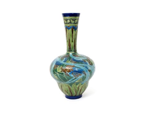 A Burmantofts Faience Partie-Colour vase, model no.2123, swollen form with slender flaring cylindrical neck, slip decorated w