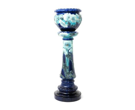 A Burmantofts Faience Partie-Colour jardiniere and stand, model no.2264 and 2265, the ovoid bowl and column stand cast in low