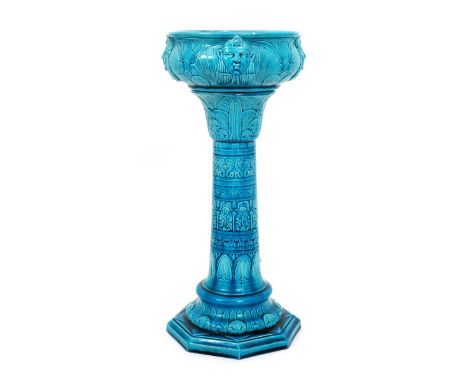 A Burmantofts Faience Egyptianesque bowl and stand, model no.1549, the octagonal tapering base cast in low relief with lotus 