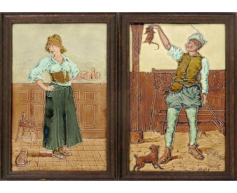 The Maide at The Inn and The Stayble Man two rare Burmantofts Faience wall plaques designed by William Neatby,  rectangular, 