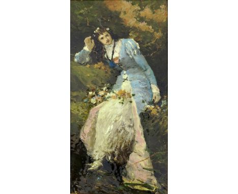 A Burmantofts Faience Barbotine tile plaque, model no.1353, painted with a resting Victorian lady, in colours, in later frame