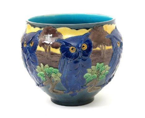A rare Burmantofts Faience Partie-Colour jardiniere designed by Joseph Walmsley, model no.2227, ovoid, modelled in low relief