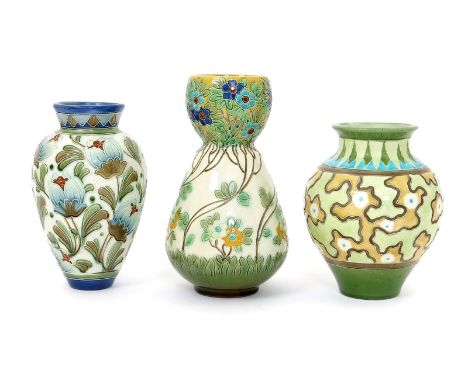 A Burmantofts Faience Partie-Colour vase designed by Joseph Walmsley, model no.2205,  shouldered form with swollen neck, mode