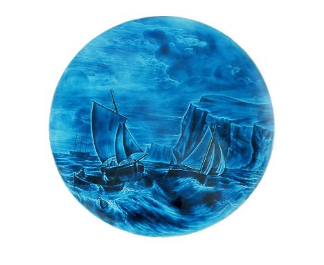 A Burmantofts Faience Pottery plaque by Harold Leach, model no. 1121, modelled in low relief with sailing vessels at sea, a g