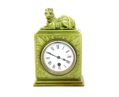 A Burmantofts Faience mantel clock, model no.1430, rectangular form, modelled in low relief with geometric design, surmounted