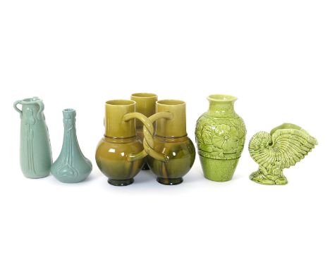 A Burmantofts Faience tri-pot, model no.1788, three conjoined ovoid vases with linked loop handles, covered in an olive green