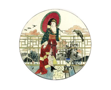 A Burmantofts Faience charger by William Neatby, dated 1887, painted with a geisha with a parasol, standing on a traditional 