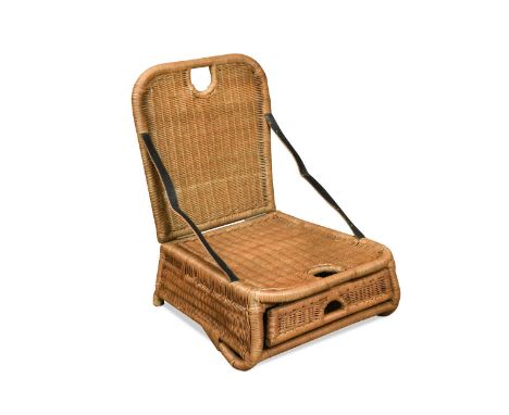 A vintage wickerwork folding fishing chair, the back hinged with leather straps, together with two cushions contained within 