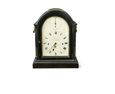 A chiming bracket clock by Barrauds, Cornhill, London, early 19th century, the ebonised case with single pad top over painted