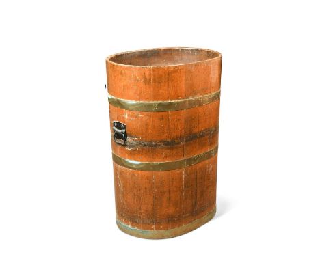 A brass bound barrel,  19th century, with internal shelf, of oval form with iron carrying handles76 x 53 x 44cm