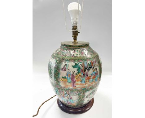 A Cantonese porcelain famille rose vase, now converted to a lamp,  the ovoid body painted with alternating panels of courtesa