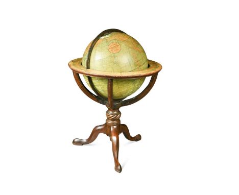 A Twelve inch terrestrial table globe by W & A K Johnston, 1878, on mahogany tripod stand61cm highscratches to globe in place