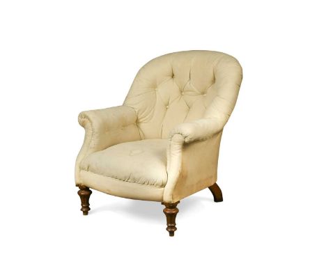 A Victorian oak button back chair, stamped GILLOW, the buttoned back and sides raised on turned and fluted front legs, the sh