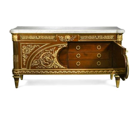 A Louis XVI style mahogany and ormolu mounted commode, circa 1880, after Joseph Stockel and Guillaume Beneman, with pale grey