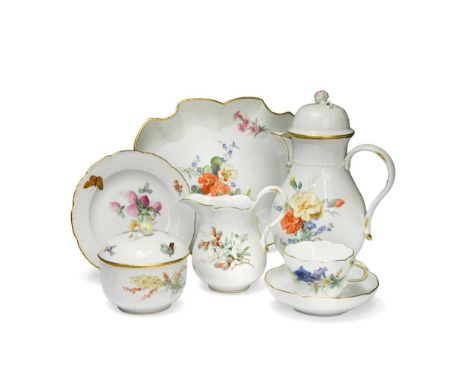 A Meissen coffee and tea service for twelve, 20th century, comprising coffee cups and saucers, side plates, cream jug, sugar 