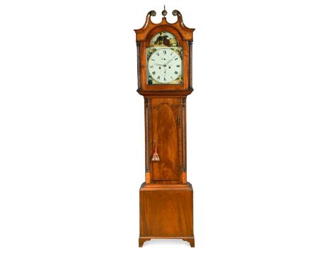 A Regency mahogany and birdseye maple 8 day longcase clock, the swanneck pediment with ball finial above arched painted 12inc