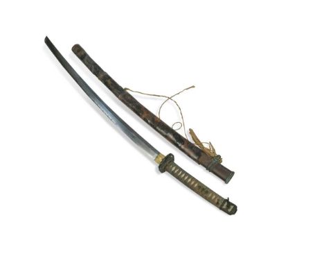 A Japanese Katana, late 19th or early 20th century,  with pierced bronze tsuba and leather scabbard, the handle with shagreen