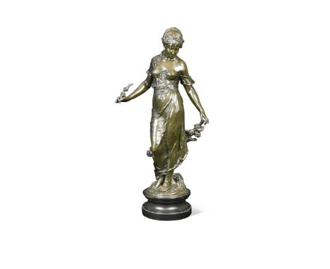 Auguste Louis Mathurin Moreau, (1834-1917), a patinated bronze model of a flower girl,  modelled standing barefoot, a sprig o