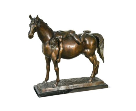 Lüdez, 20th century, a bronze study of a stallion with a nude male on his back,  the unconscious man draped across the horse'