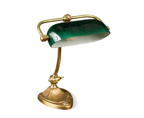 An Art Nouveau brass banker's desk lamp, early 20th century,  with green glass shade37cm highProvenance:  Private Collection,