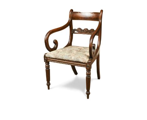 A William IV mahogany elbow chair, on turned and reeded front legs84 x 56 x 55cmProvenance:  Private Collection, Ranelagh Gro