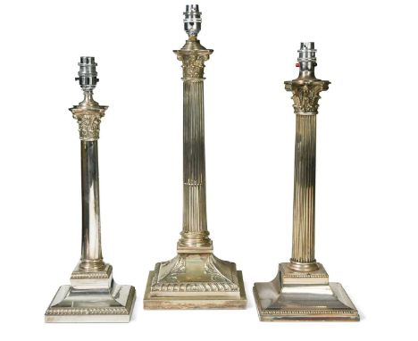 A collection of three electroplate column table lamps, 20th century, each modelled in relief with Corinthian capitals, two on