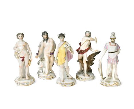 A matched group of thirteen German porcelain figures of classical gods, late 19th century, each god with attribute, including