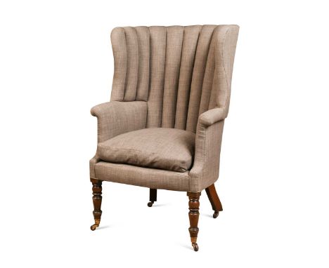 A mahogany barrel back armchair, 19th century, the curved wings above scroll over arms, the straight fronted seat with squab 