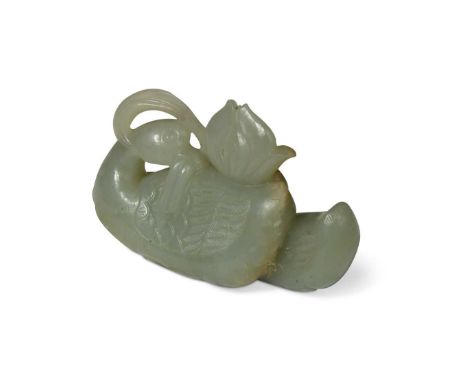 A Chinese light green jade waterfowl ornament, Qing Dynasty 19th century, as an adult goose and gosling, the larger bird with