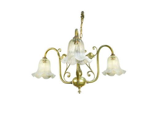An Art Nouveau brass hanging light,  the three branches each with scalloped vaseline glass shade 32 x 58cm; together with ano
