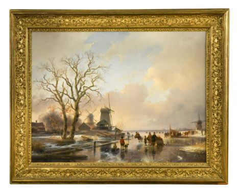 Andreas Schelfhout (Dutch, 1787-1870)  A winter landscape at sunset with windmills and skaters signed lower left 'A. Schelfho