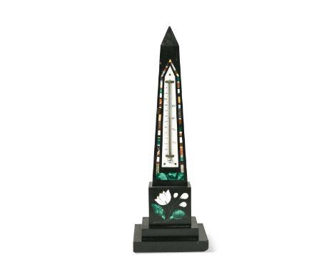 A Derbyshire Ashford marble table obelisk thermometer, 19th century, the ivorine scale with mercury tube, within a border of 