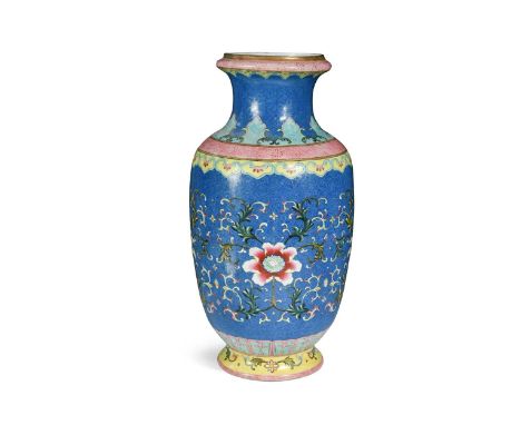 A Chinese blue ground porcelain vase in 18th century style, the rim and shoulder encircled by leaf tips and ruyi, lotuses to 