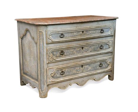 A Continental painted commode chest, early 19th century, the faux marble painted top over three moulded drawers inset with fo