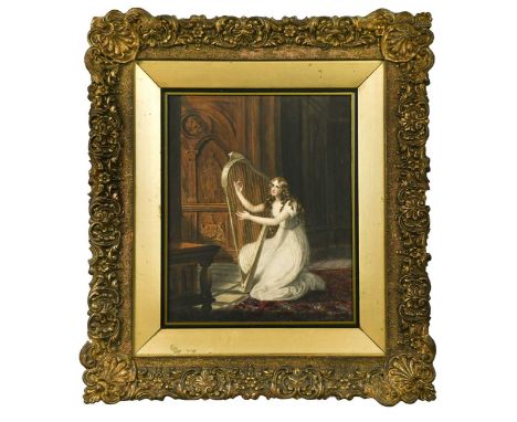 Circle of Daniel Maclise (Irish, 1806-1870) A young woman playing an Irish harp in an ornate panelled roomwatercolour28 x 22c
