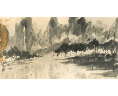 Fang Zhaoling (Chinese 2014-2006 - Lydia Fang) Mountains, trees and river, signed, seal in red, black ink on paper 49 x 93cmP