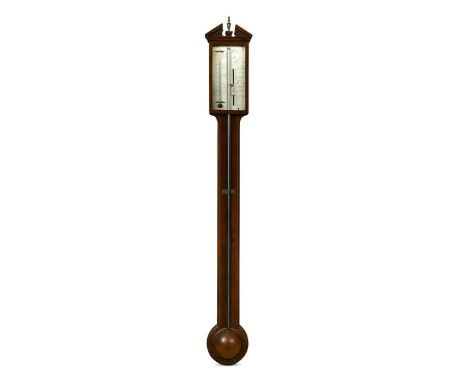 A mahogany stick barometer by Gatty & Co., 19th century, the broken arch pediment with urn finial above silvered register sig