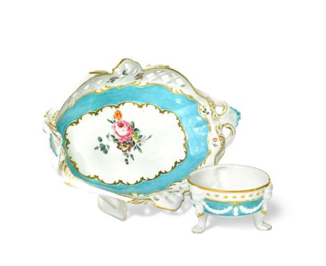 A Chelsea-Derby two-handled moulded basket, circa 1770, painted with floral sprays, within turquoise borders, pierced border,