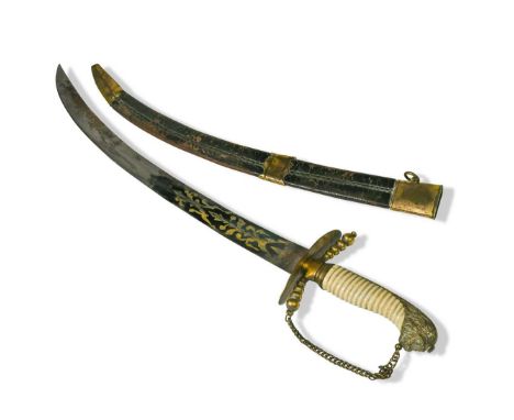 A naval hanger or dagger, early 19th century,   with curved 16.5in blued and gilt etched blade, ivory grip with lion's head p